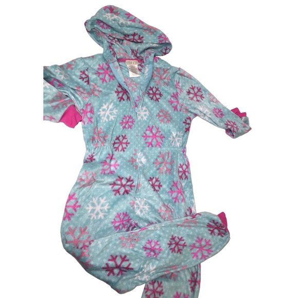 Komar Kids Blue one Piece Pajamas with pink snowflakes and cuffs and hood Size 6 - Picture 1 of 7